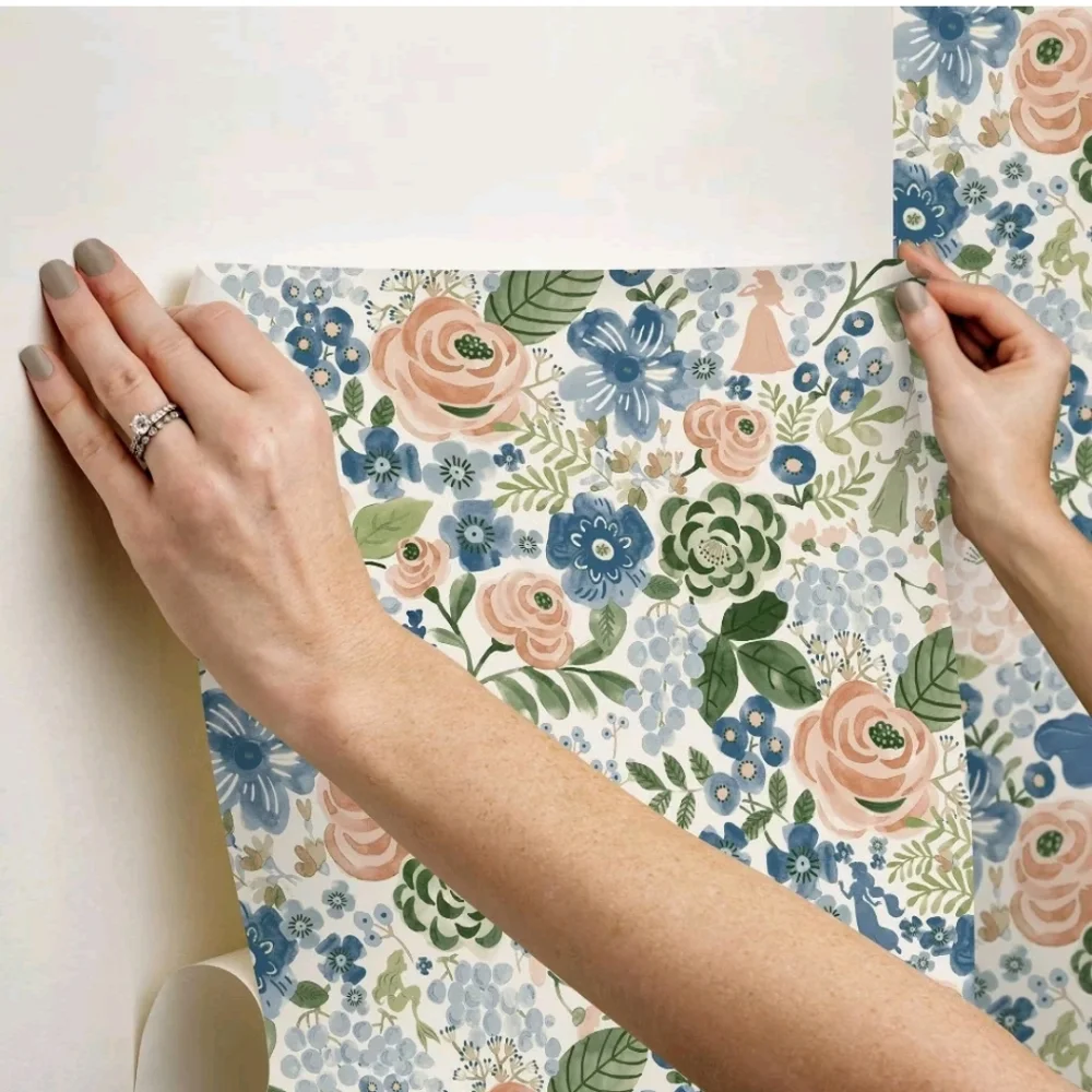 Disney Princess Watercolor Floral Kids' Peel and Stick Wallpaper Blue
